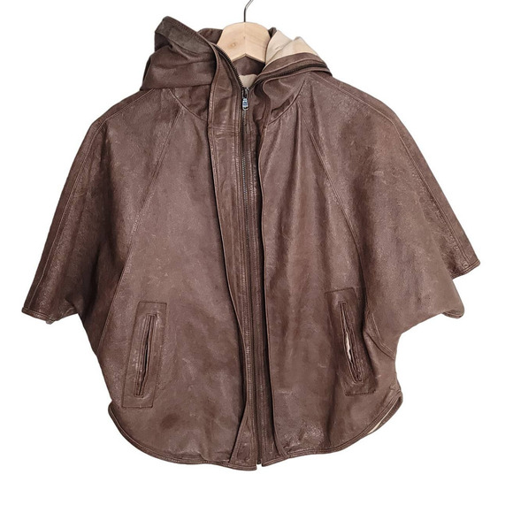 Women's Brown Leather Cape Blazer - Picture 4 of 9